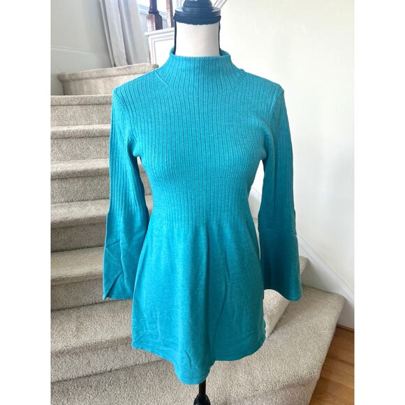 Tyler Boe Aqua Blue Bell Sleeve Peplum Ribbed Turtleneck Sweater - Picture 1 of 7